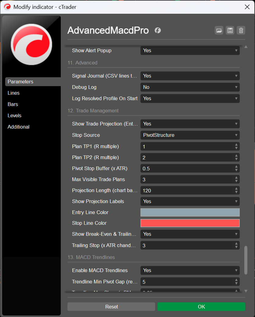 Groups 11 and 12 of the parameter dialog