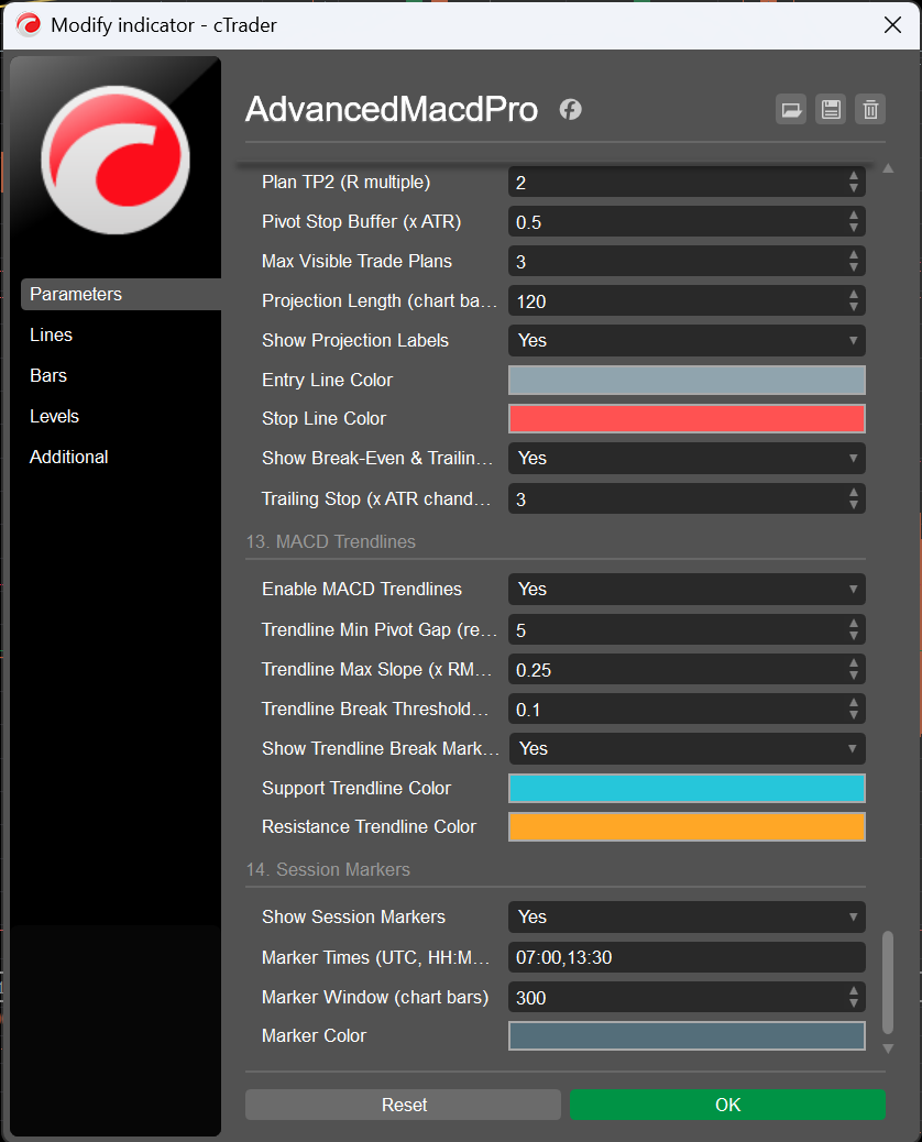 Groups 13 and 14 of the parameter dialog